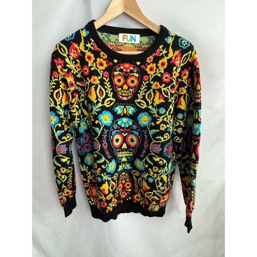 Fun Knit Dia De Los Muertos Sweater Colorful Size L Unisex Day of Dead Crewneck